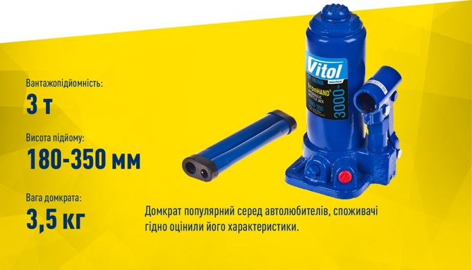 Домкрат бутылочный 3т 180-350 мм Vitol IRON HAND IH-180350D