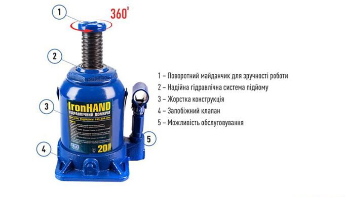 Домкрат пляшковий 20т 185-350 мм Vitol ДБ-20002H